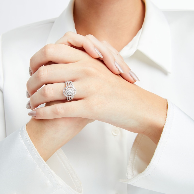 Main Image 2 of 1 CT. T.W. Oval Multi-Diamond Triple Row Split Shank Bridal Set in 10K White Gold