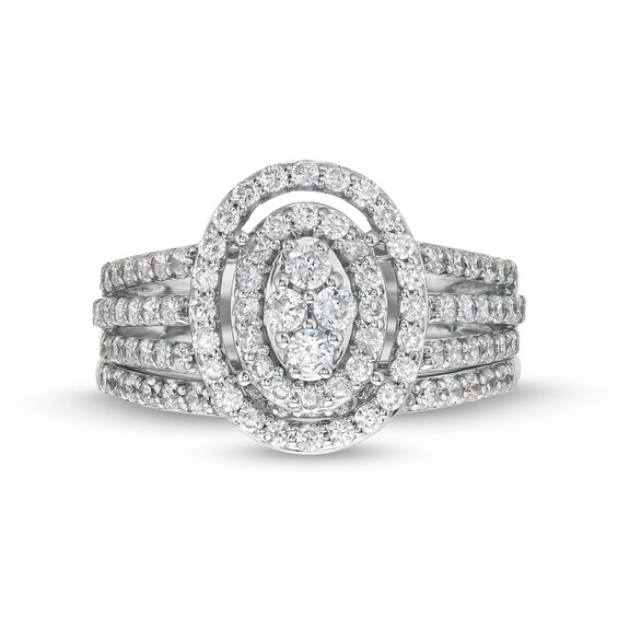 1 CT. T.w. Oval Multi-Diamond Triple Row Split Shank Bridal Set in 10K White Gold