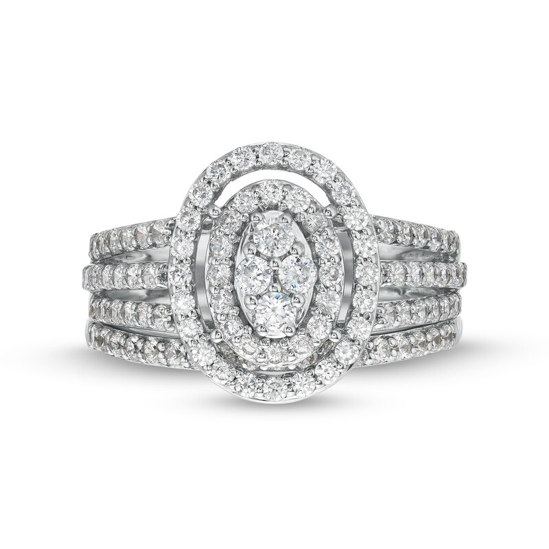 Main Image 4 of 1 CT. T.W. Oval Multi-Diamond Triple Row Split Shank Bridal Set in 10K White Gold