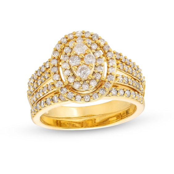1 CT. T.w. Oval Multi-Diamond Triple Row Split Shank Bridal Set in 10K Gold