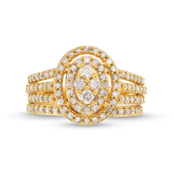 1 CT. T.w. Oval Multi-Diamond Triple Row Split Shank Bridal Set in 10K Gold
