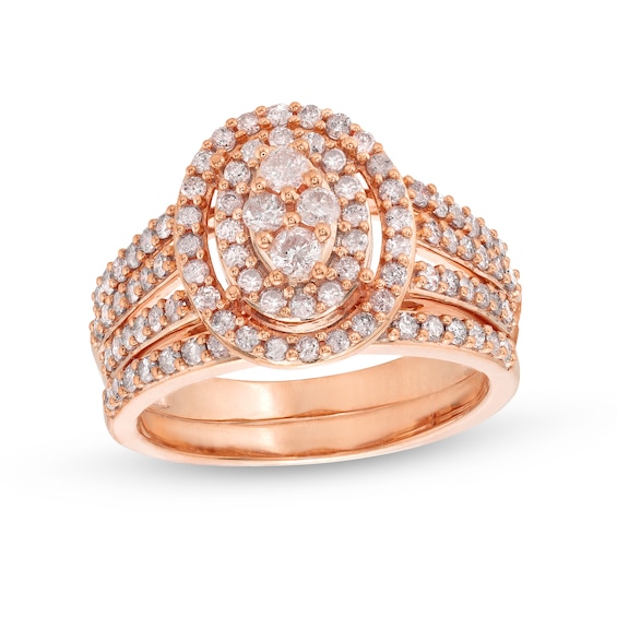 1 CT. T.w. Oval Multi-Diamond Triple Row Split Shank Bridal Set in 10K Rose Gold