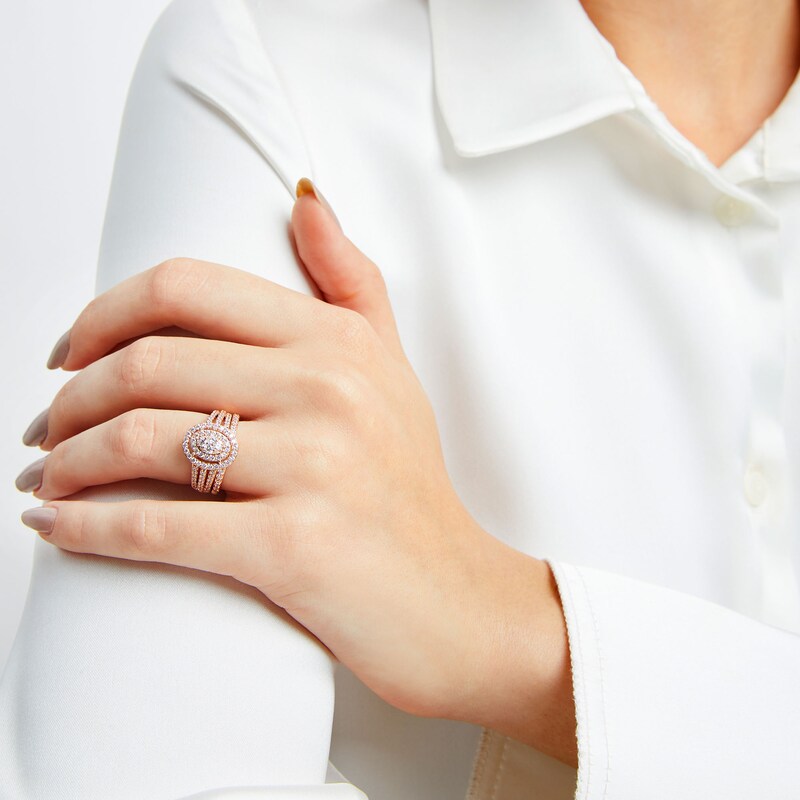 Main Image 2 of 1 CT. T.W. Oval Multi-Diamond Triple Row Split Shank Bridal Set in 10K Rose Gold