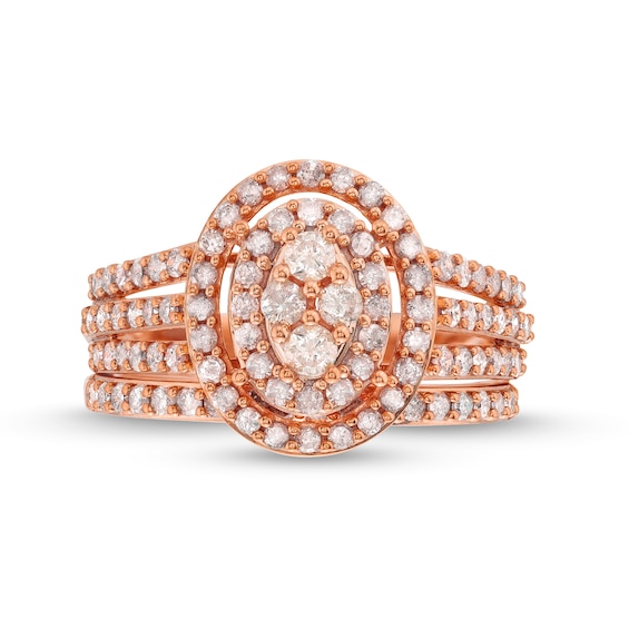 1 CT. T.w. Oval Multi-Diamond Triple Row Split Shank Bridal Set in 10K Rose Gold