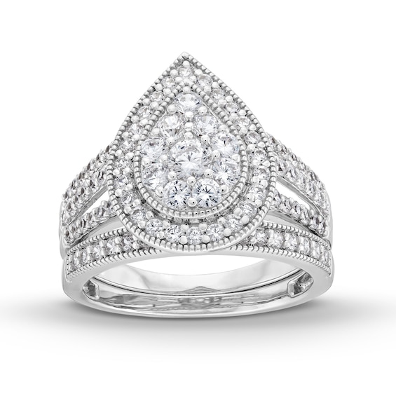 1-1/4 CT. T.w. Pear Multi-Diamond Teardrop Frame Split Shank Vintage-Style Bridal Set in 10K White Gold