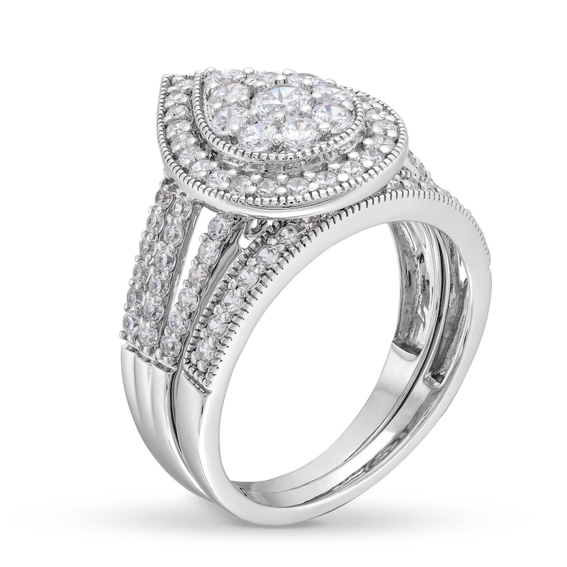 Main Image 3 of 1-1/4 CT. T.W. Pear Multi-Diamond Teardrop Frame Split Shank Vintage-Style Bridal Set in 10K White Gold