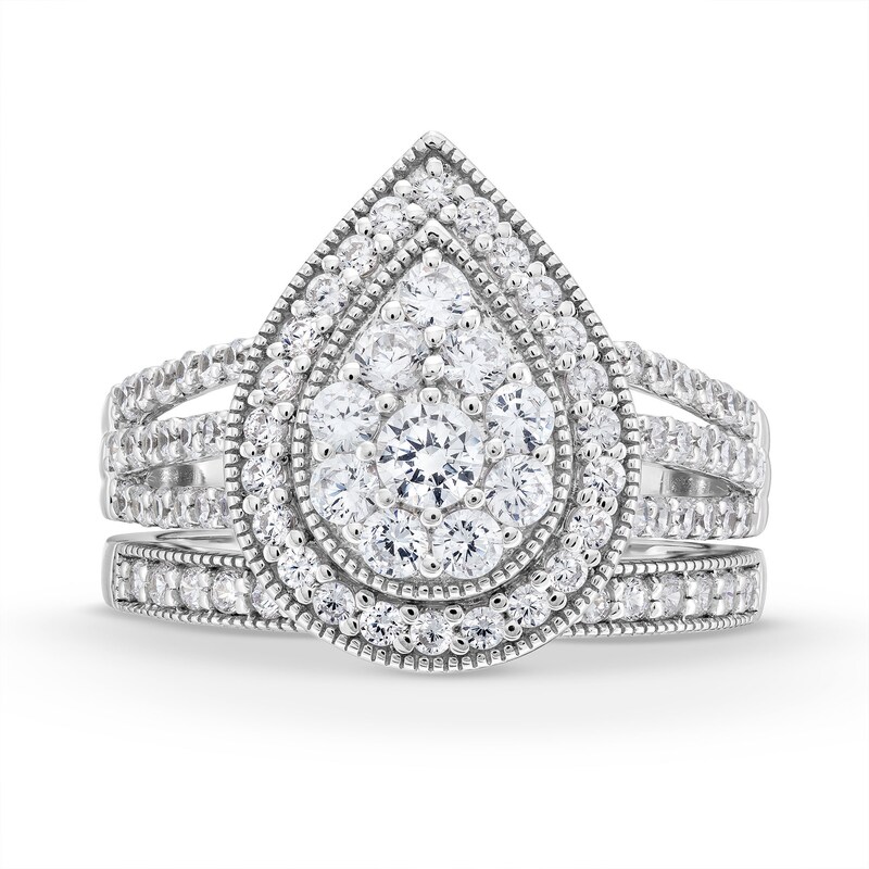 Main Image 4 of 1-1/4 CT. T.W. Pear Multi-Diamond Teardrop Frame Split Shank Vintage-Style Bridal Set in 10K White Gold