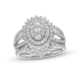 1-1/4 CT. T.W. Oval Multi-Diamond Sunburst Frame Split Shank Bridal Set in 10K White Gold