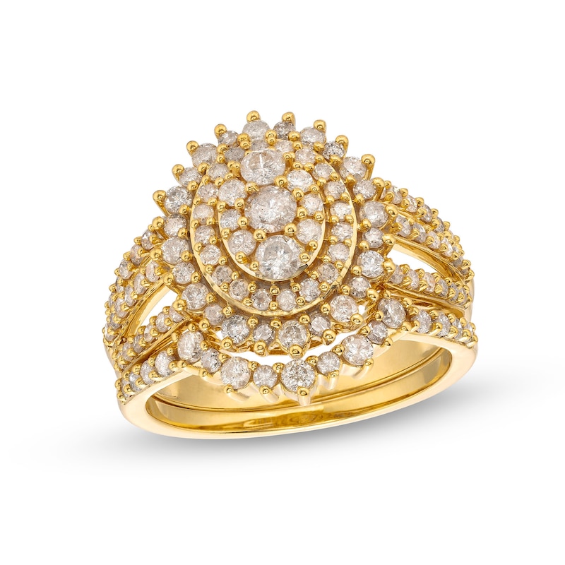 Main Image 1 of 1-1/4 CT. T.W. Oval Multi-Diamond Sunburst Frame Split Shank Bridal Set in 10K Gold