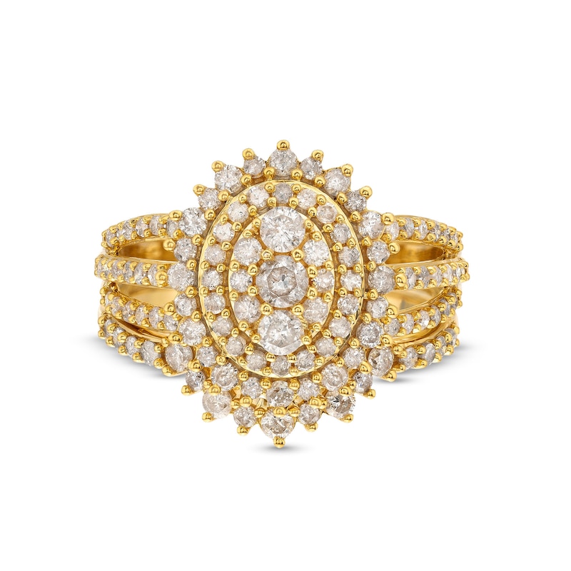 Main Image 4 of 1-1/4 CT. T.W. Oval Multi-Diamond Sunburst Frame Split Shank Bridal Set in 10K Gold