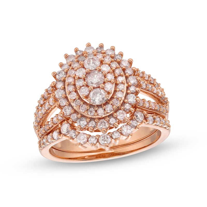 Main Image 1 of 1-1/4 CT. T.W. Oval Multi-Diamond Sunburst Frame Split Shank Bridal Set in 10K Rose Gold