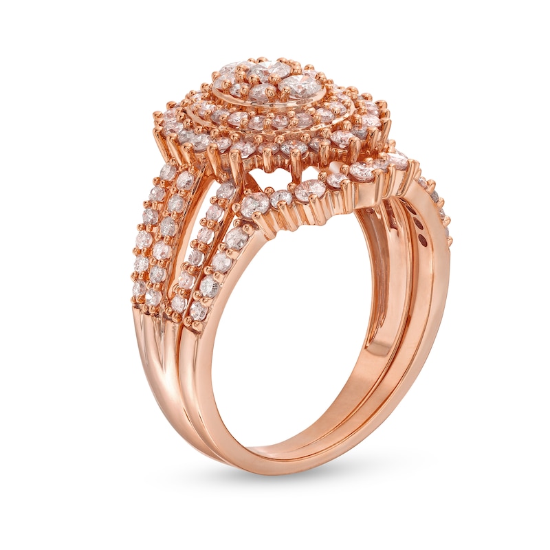 Main Image 3 of 1-1/4 CT. T.W. Oval Multi-Diamond Sunburst Frame Split Shank Bridal Set in 10K Rose Gold