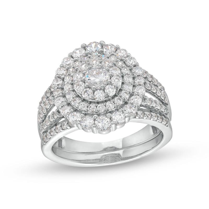 Main Image 1 of 1-1/2 CT. T.W. Diamond Triple Row Scallop Frame Bridal Set in 10K White Gold