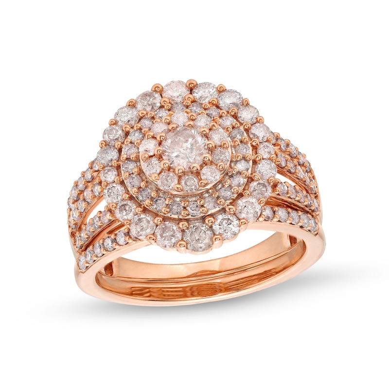 Main Image 1 of 1-1/2 CT. T.W. Diamond Triple Row Scallop Frame Bridal Set in 10K Rose Gold