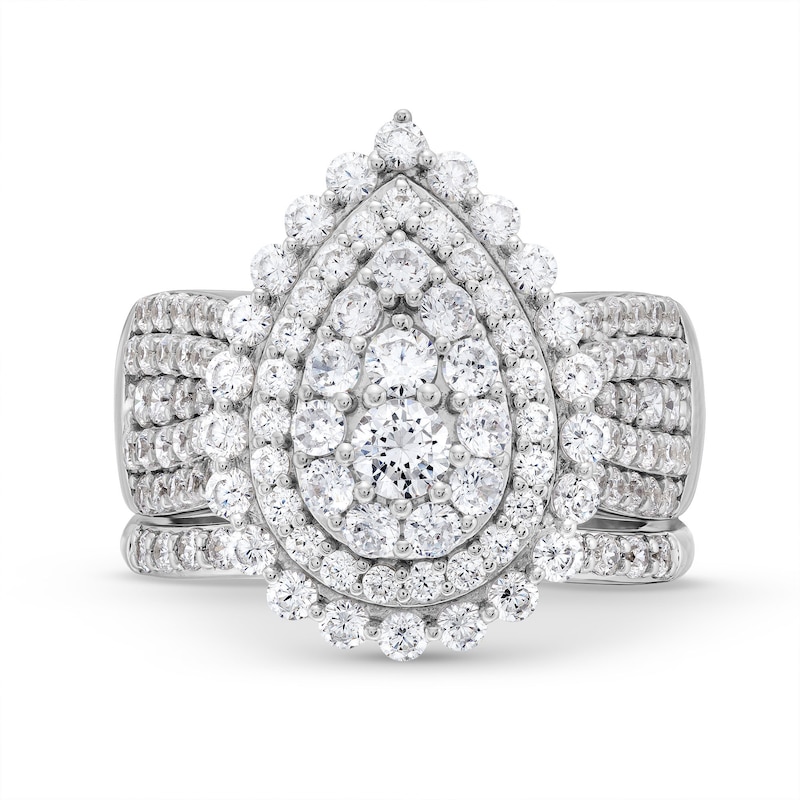 Main Image 4 of 2-1/4 CT. T.W. Pear Multi-Diamond Scallop Teardrop Frame Bridal Set in 10K White Gold