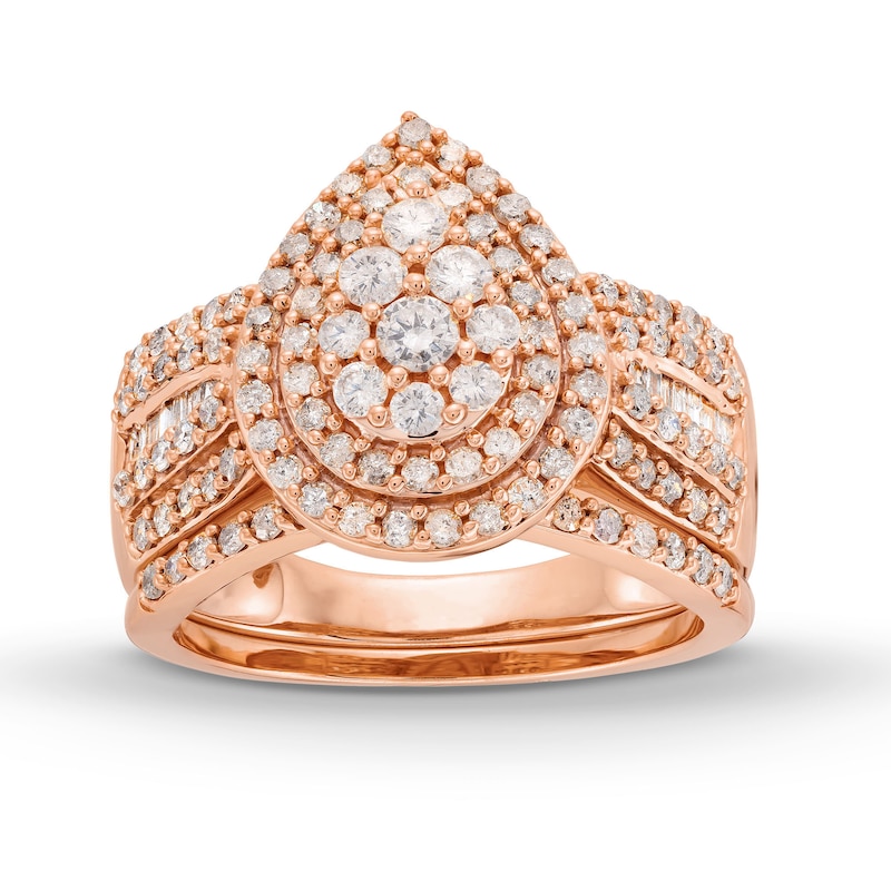 Main Image 1 of 1-1/4 CT. T.W. Pear Multi-Diamond Teardrop Bow-Tie Bridal Set in 10K Rose Gold