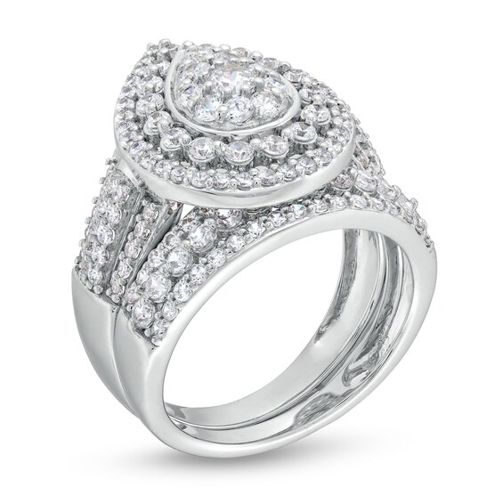 2 CT. T.w. Pear Multi-Diamond Teardrop Frame Multi-Row Bridal Set in 10K White Gold