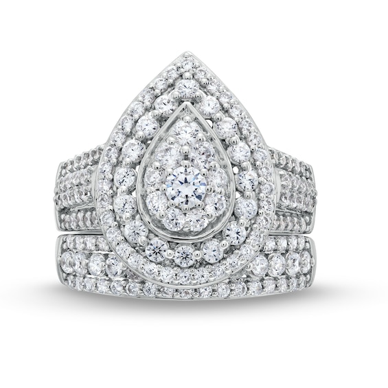 2 CT. T.w. Pear Multi-Diamond Teardrop Frame Multi-Row Bridal Set in 10K White Gold
