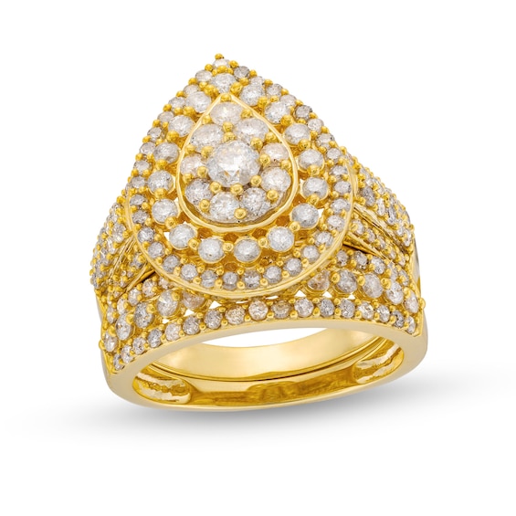 2 CT. T.w. Pear Multi-Diamond Teardrop Frame Multi-Row Bridal Set in 10K Gold