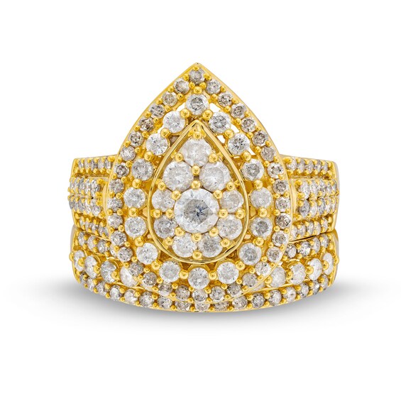 2 CT. T.w. Pear Multi-Diamond Teardrop Frame Multi-Row Bridal Set in 10K Gold