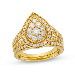 1-1/4 CT. T.W. Pear Multi-Diamond Teardrop Frame Split Shank Vintage-Style Bridal Set in 10K Gold