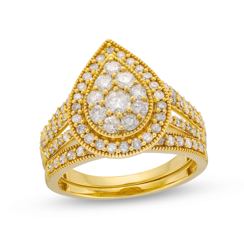 Main Image 1 of 1-1/4 CT. T.W. Pear Multi-Diamond Teardrop Frame Split Shank Vintage-Style Bridal Set in 10K Gold