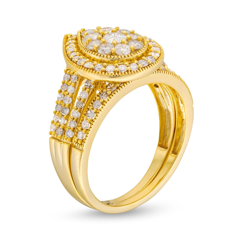 Main Image 3 of 1-1/4 CT. T.W. Pear Multi-Diamond Teardrop Frame Split Shank Vintage-Style Bridal Set in 10K Gold