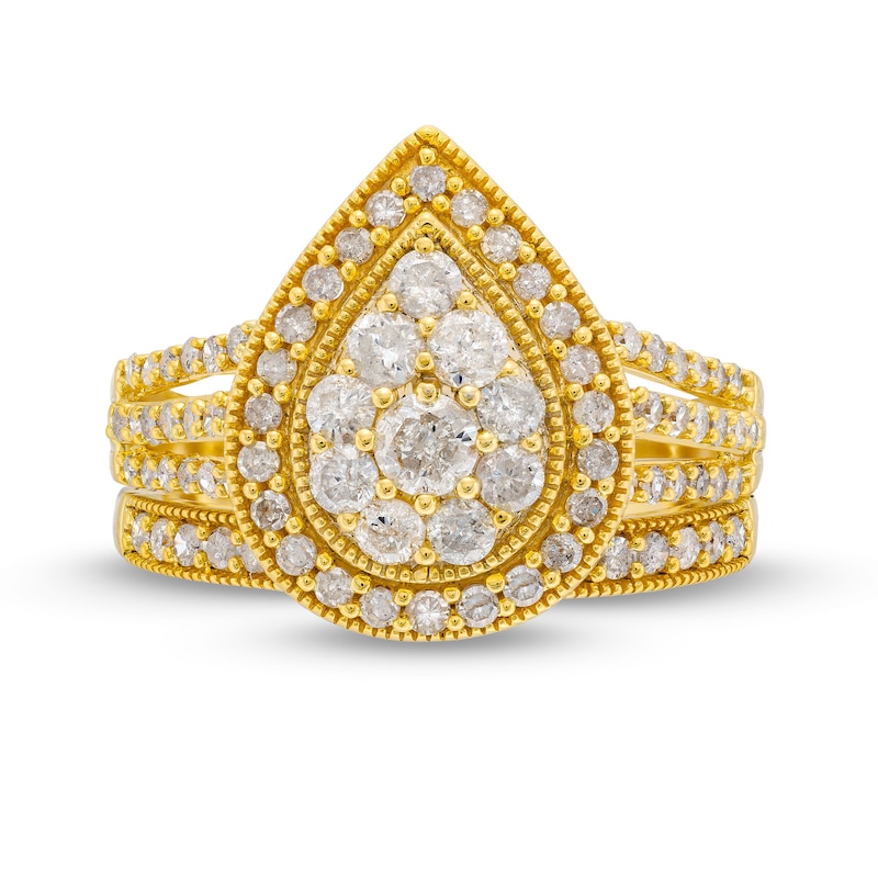 Main Image 4 of 1-1/4 CT. T.W. Pear Multi-Diamond Teardrop Frame Split Shank Vintage-Style Bridal Set in 10K Gold