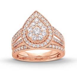 1-1/4 CT. T.W. Pear Multi-Diamond Teardrop Frame Split Shank Vintage-Style Bridal Set in 10K Rose Gold