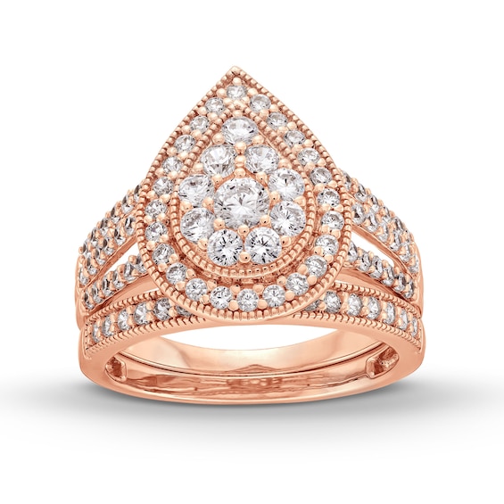 1-1/4 CT. T.w. Pear Multi-Diamond Teardrop Frame Split Shank Vintage-Style Bridal Set in 10K Rose Gold