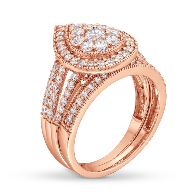Main Image 3 of 1-1/4 CT. T.W. Pear Multi-Diamond Teardrop Frame Split Shank Vintage-Style Bridal Set in 10K Rose Gold
