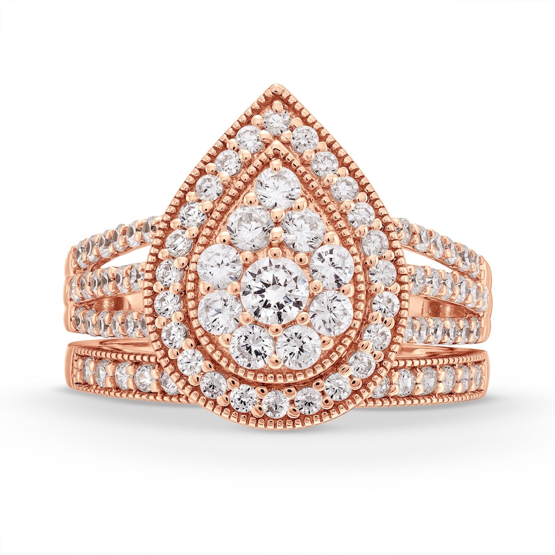 Main Image 4 of 1-1/4 CT. T.W. Pear Multi-Diamond Teardrop Frame Split Shank Vintage-Style Bridal Set in 10K Rose Gold