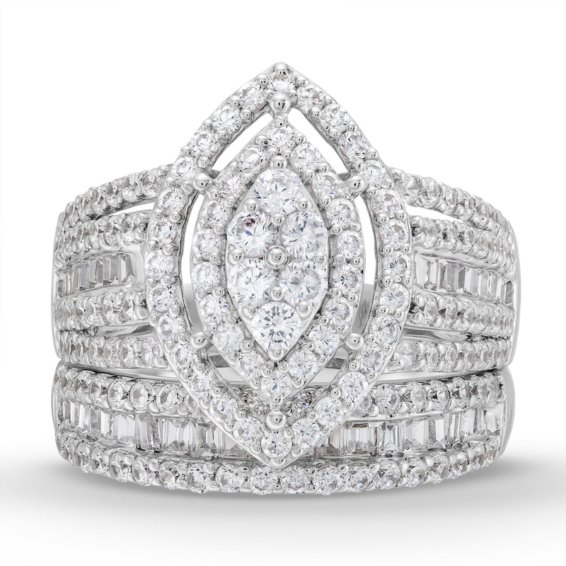 Main Image 4 of 1-3/4 CT. T.W. Marquise Multi-Diamond Vintage-Style Bridal Set in 10K White Gold