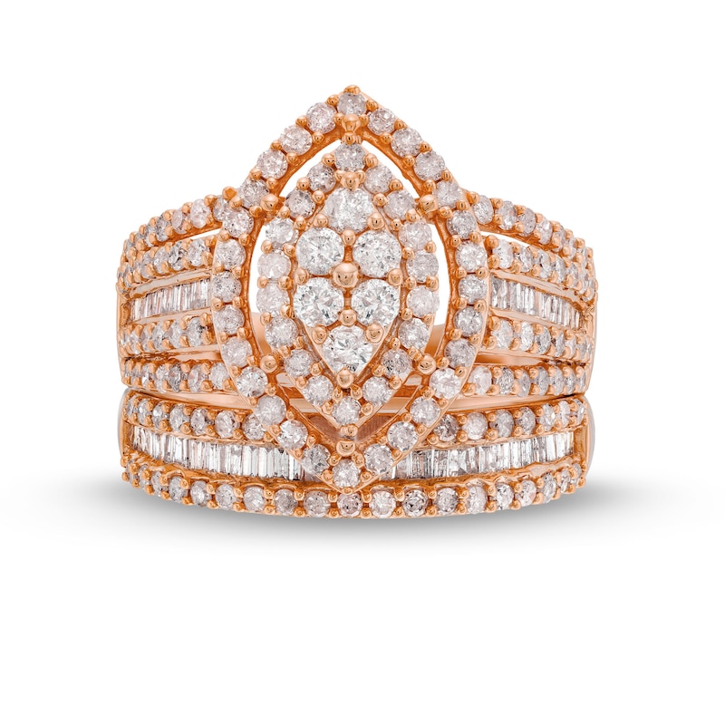 Main Image 4 of 1-3/4 CT. T.W. Marquise Multi-Diamond Vintage-Style Bridal Set in 10K Rose Gold