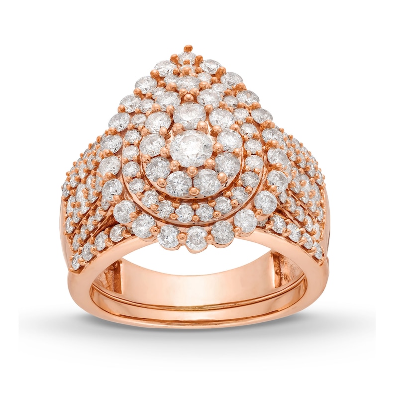 Main Image 1 of 2-1/4 CT. T.W. Pear Multi-Diamond Scallop Teardrop Frame Bridal Set in 10K Rose Gold