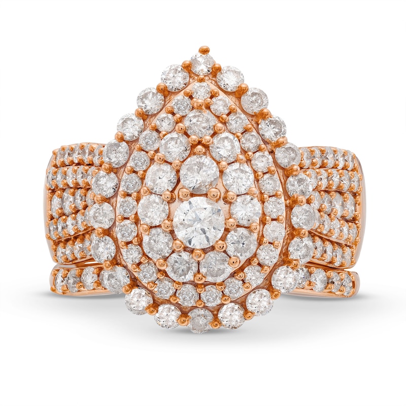 Main Image 4 of 2-1/4 CT. T.W. Pear Multi-Diamond Scallop Teardrop Frame Bridal Set in 10K Rose Gold
