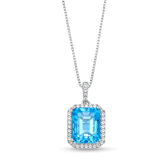 Emerald-Cut Swiss Blue Topaz and White Lab-Created Sapphire Octagon Frame Pendant in Sterling Silver
