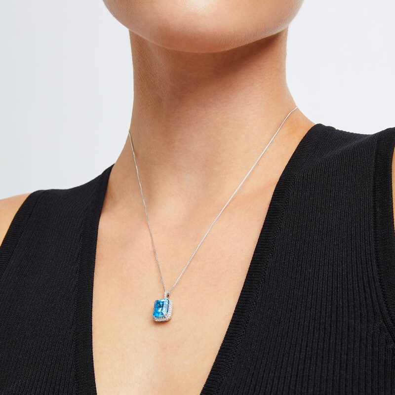 Main Image 2 of Emerald-Cut Swiss Blue Topaz and White Lab-Created Sapphire Octagon Frame Pendant in Sterling Silver