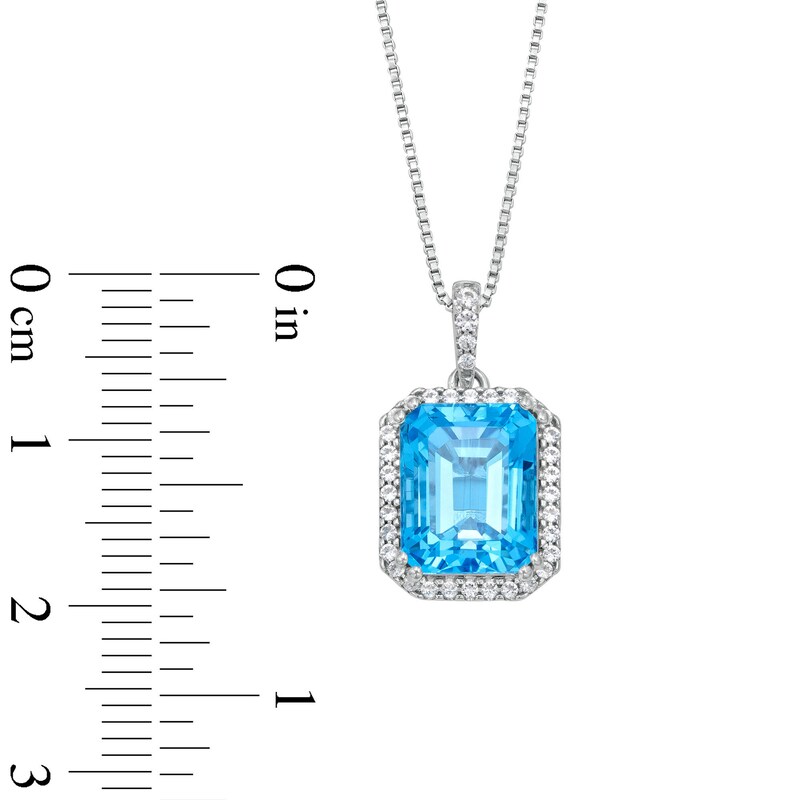 Main Image 3 of Emerald-Cut Swiss Blue Topaz and White Lab-Created Sapphire Octagon Frame Pendant in Sterling Silver