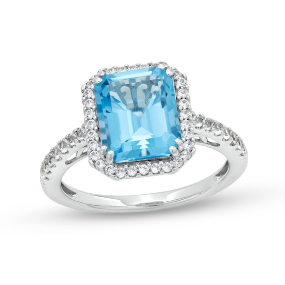 Emerald-Cut Swiss Blue Topaz and White Lab-Created Sapphire Octagon Frame Ring in Sterling Silver