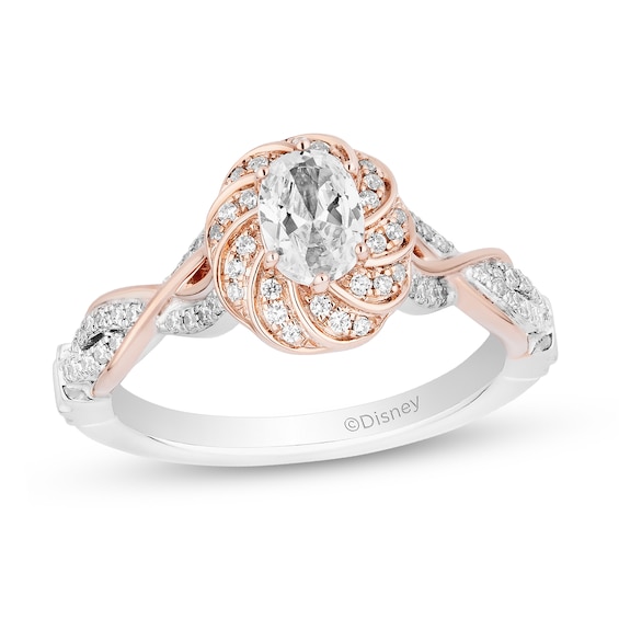 Enchanted Disney Rapunzel 3/4 CT. T.w. Oval Diamond Braid Frame Engagement Ring in 14K Two-Tone Gold (I/I1)