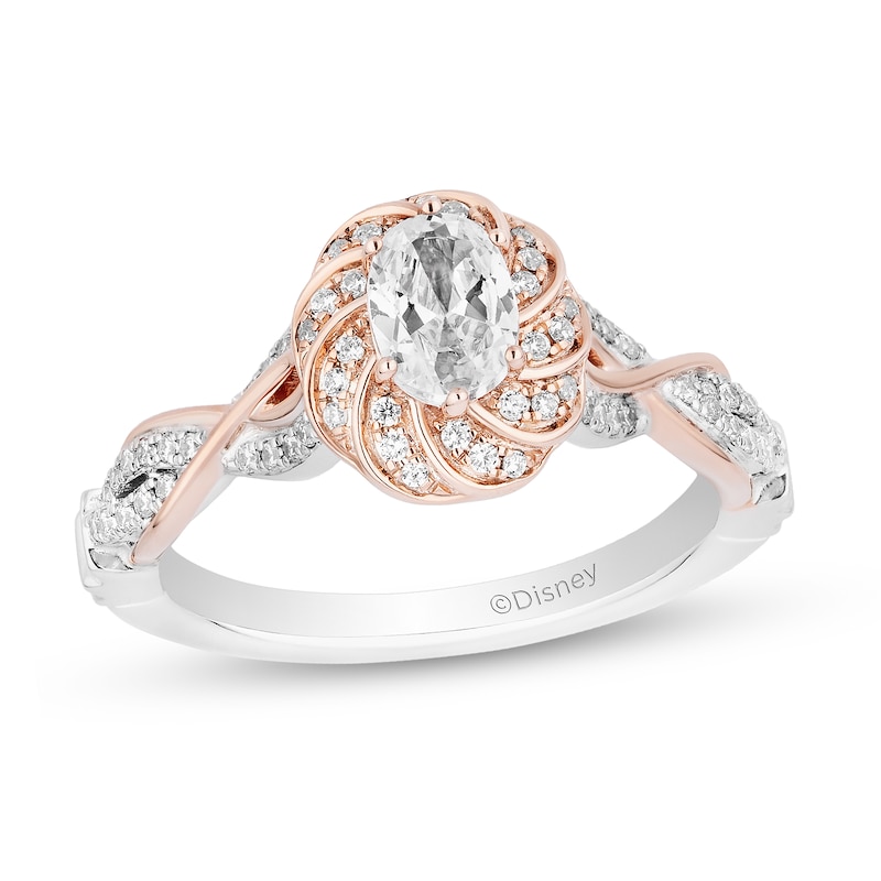 Main Image 1 of Enchanted Disney Rapunzel 3/4 CT. T.W. Oval Diamond Braid Frame Engagement Ring in 14K Two-Tone Gold (I/I1)