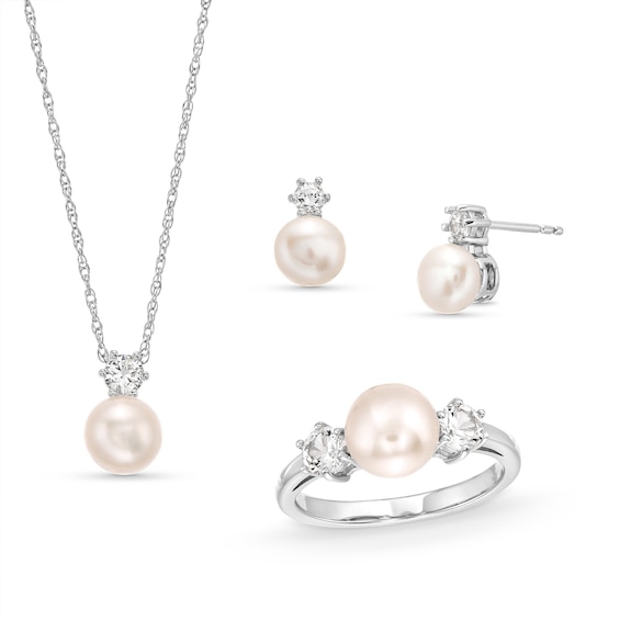 Freshwater Cultured Pearl and White Lab-Created Sapphire Pendant, Ring and Stud Earrings Set in Sterling Silver