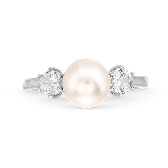 Freshwater Cultured Pearl and White Lab-Created Sapphire Pendant, Ring and Stud Earrings Set in Sterling Silver