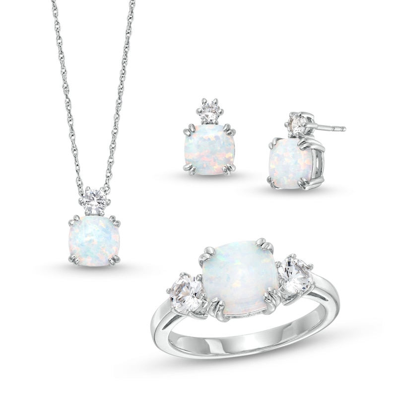 Main Image 1 of Cushion-Shaped Lab-Created Opal and White Lab-Created Sapphire Pendant, Ring and Stud Earrings Set in Sterling Silver