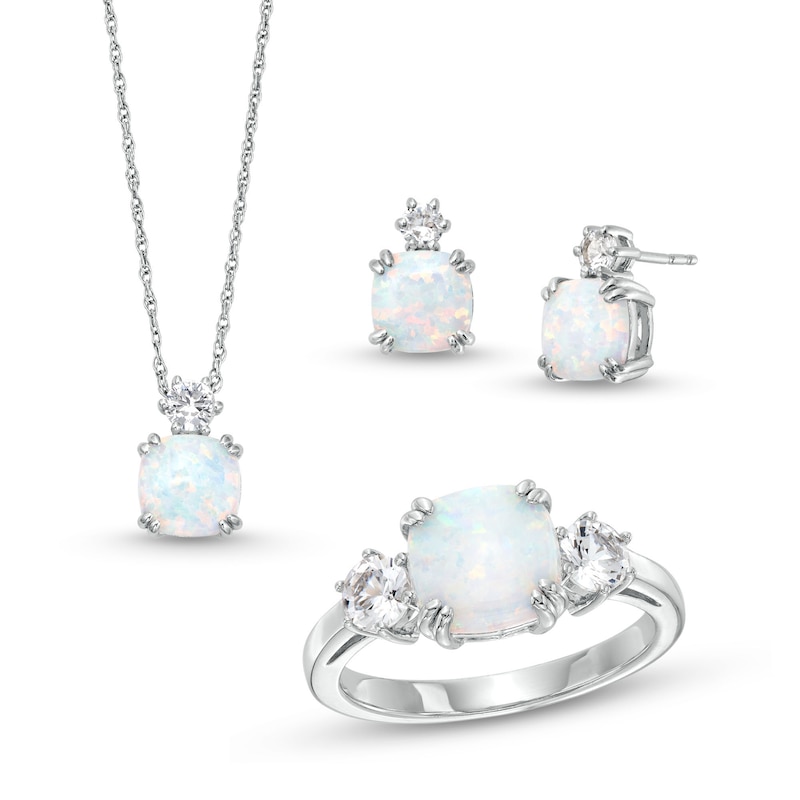 Cushion-Cut Lab-Created Opal and White Lab-Created Sapphire Pendant, Ring and Stud Earrings Set in Sterling Silver