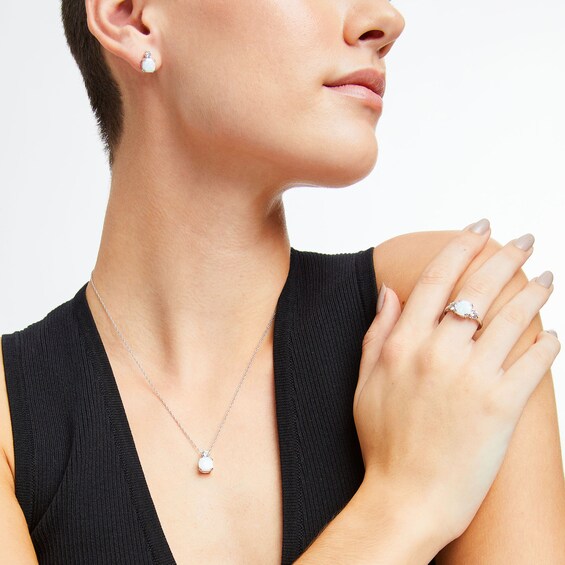 Cushion-Shaped Lab-Created Opal and White Lab-Created Sapphire Pendant, Ring and Stud Earrings Set in Sterling Silver