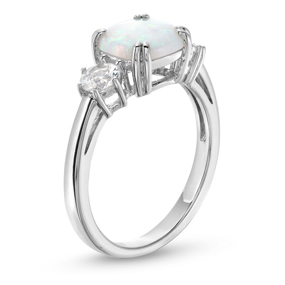 Cushion-Shaped Lab-Created Opal and White Lab-Created Sapphire Pendant, Ring and Stud Earrings Set in Sterling Silver