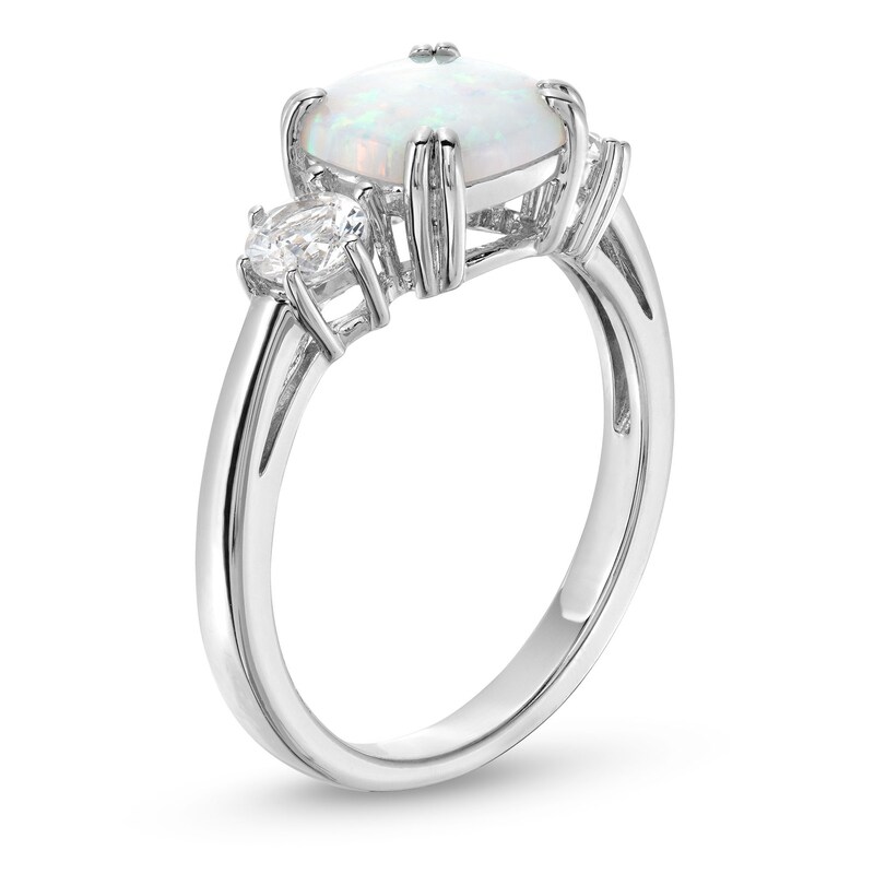 Main Image 3 of Cushion-Shaped Lab-Created Opal and White Lab-Created Sapphire Pendant, Ring and Stud Earrings Set in Sterling Silver
