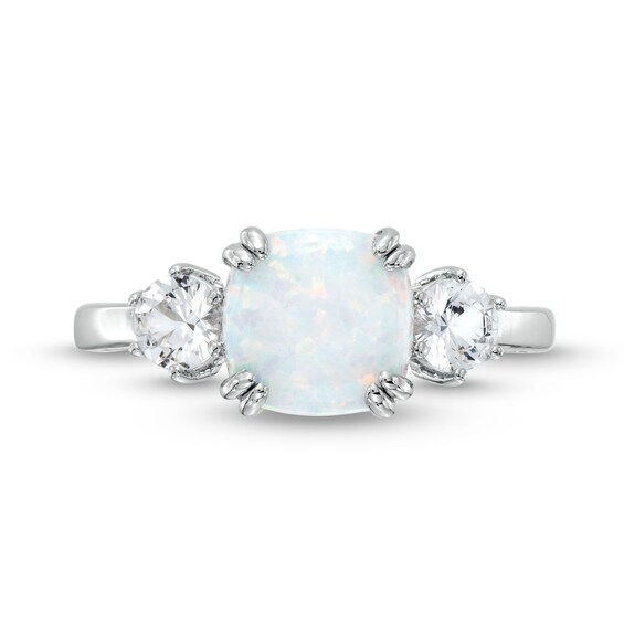 Cushion-Shaped Lab-Created Opal and White Lab-Created Sapphire Pendant, Ring and Stud Earrings Set in Sterling Silver